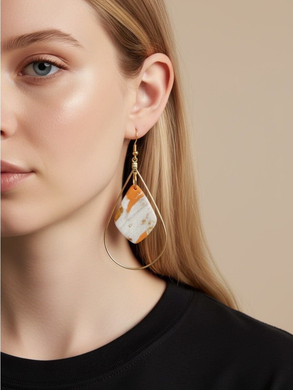 10/3 Gold Teardrop Earrings with White and Orange Stone